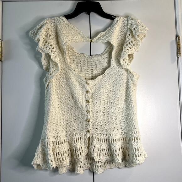 Anthropologie Flutter-Sleeve Knit Sweater Top size XL cream cotton viscose New - Picture 9 of 9